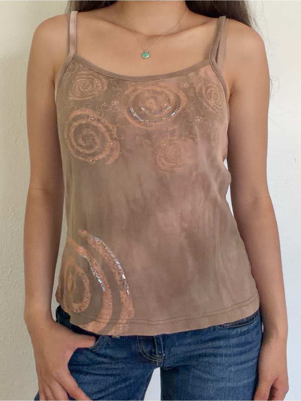 Tan Spiral-Print Beaded Tank Top